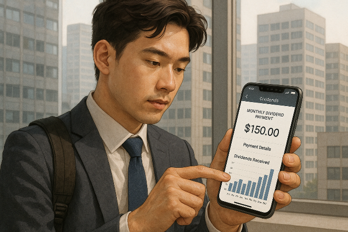 2030 투자자가 스마트폰에서 월배당 흐름을 확인하는 모습