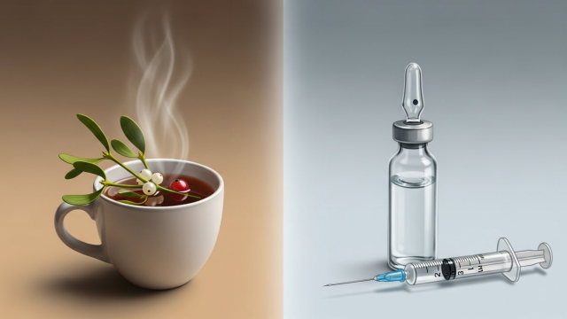 겨우살이 차와 의료용 주사제가 다른 것임을 상징하는 이미지