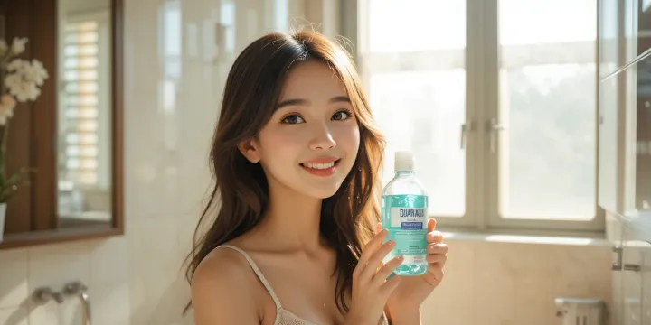 따뜻한 욕실 조명 아래에서 가그린을 사용하는 모습을 설명하는 장면