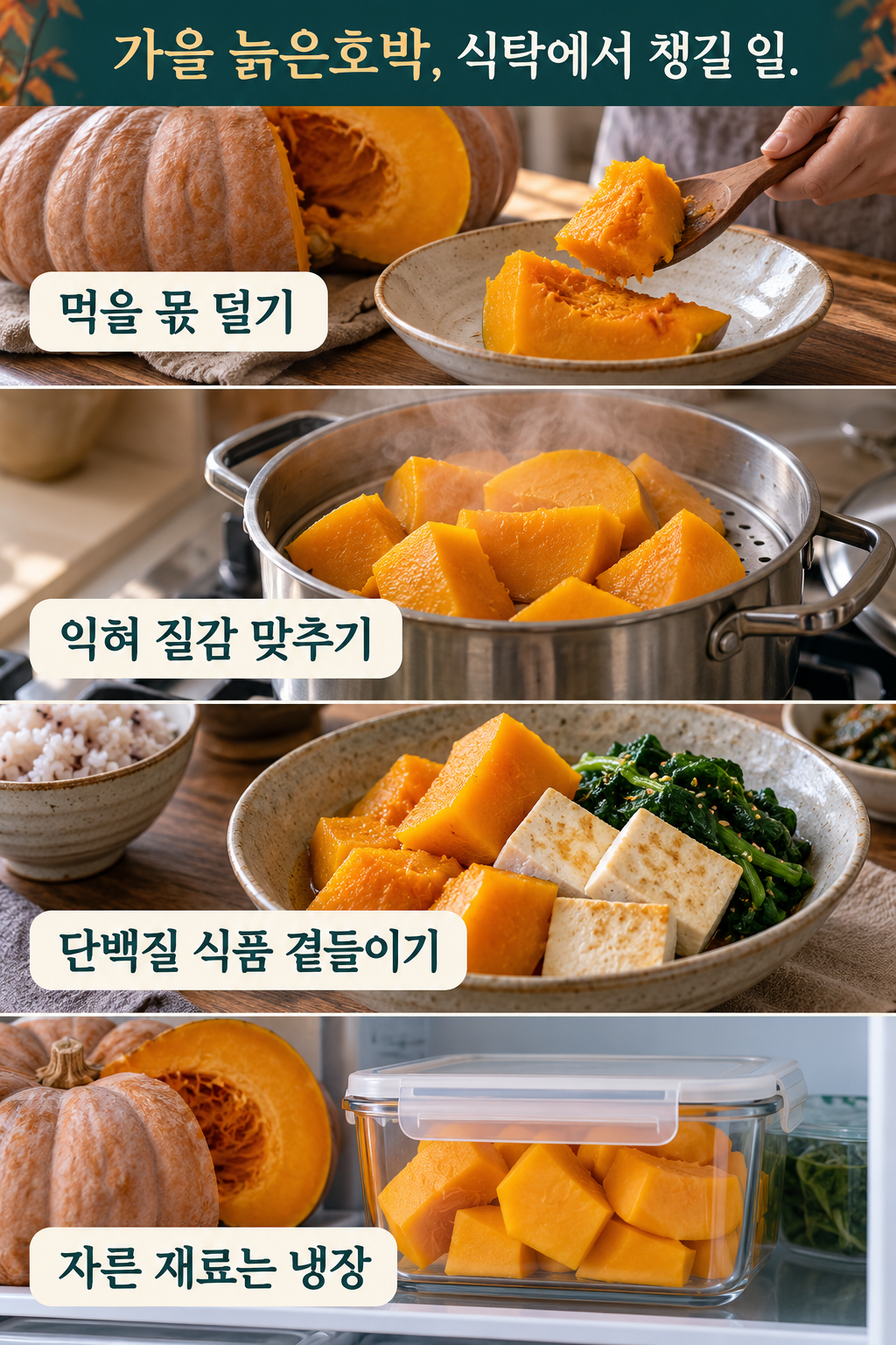 내 몫 덜기&middot;익혀 질감 맞추기&middot;단백질 식품 곁들이기&middot;자른 과육 냉장의 네 실사 장면.