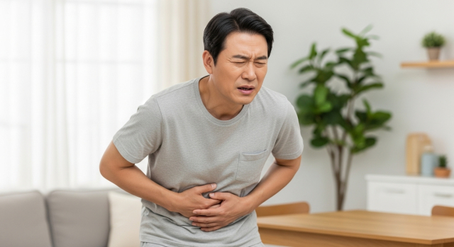 오른쪽 갈비뼈 아래를 손으로 누르는 남성