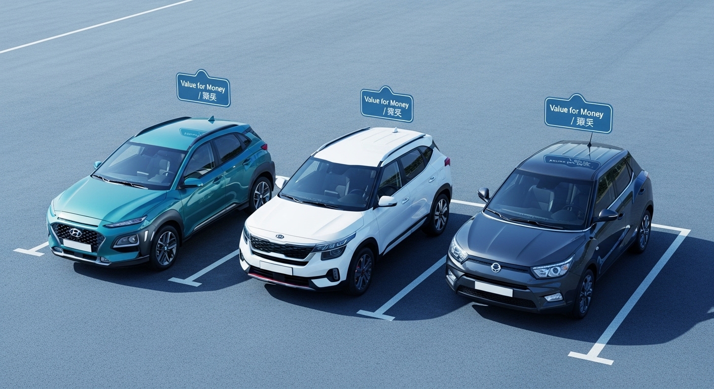 2025년 생애 첫차 구매자를 위한 가성비 중고 소형 SUV 세 대(코나, 셀토스, 티볼리)가 나란히 주차된 모습.