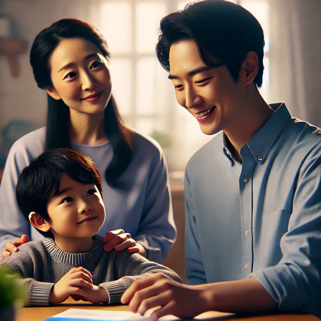 부모가 주방 테이블에서 아이의 이야기를 경청하며 공감의 미소를 짓는 장면. 아이는 자신감을 가지고 이야기를 나누는 모습이 돋보임