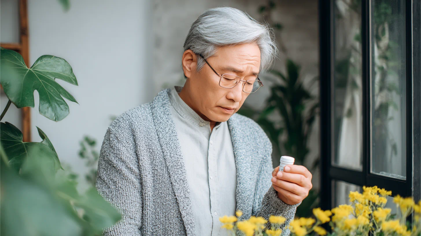 치매 초기 노년 남성이 약을 들고 복용 여부를 고민하는 모습, 약 복용 헷갈리는 상황 연출