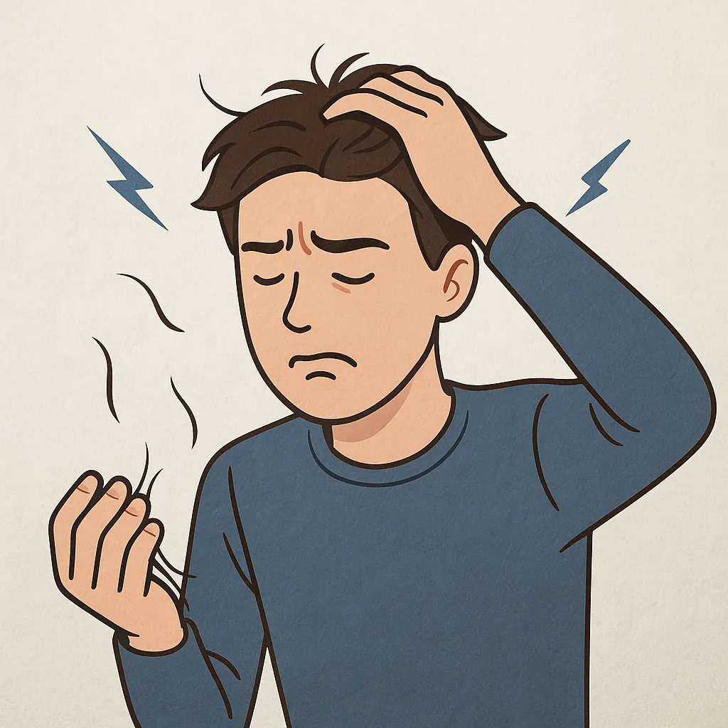 스트레스로-머리를-쥐어뜯으며-빠진-머리카락을-보는-남성의-일러스트