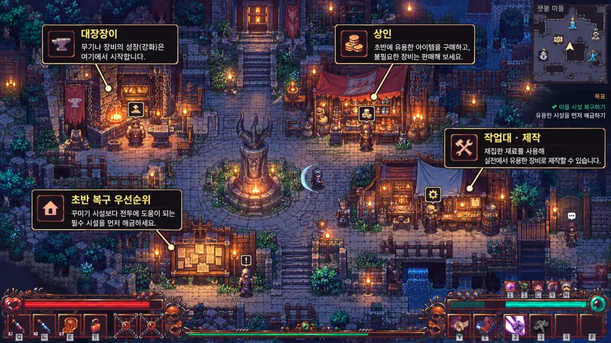 엠버빌 마을 복구 시 상인, 대장장이, 제작 작업대와 주민 퀘스트를 확인하는 순서를 보여주는 이미지