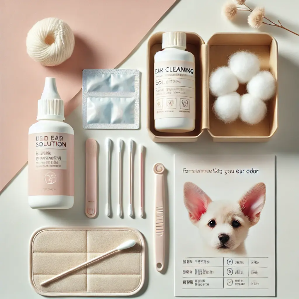 하얀 배경 위에 반려견 귀청소용 용액, 솜 패드, 어플리케이터, 귀 상태 체크 카드가 정돈된 스튜디오컷 이미지 (텍스트 없음)