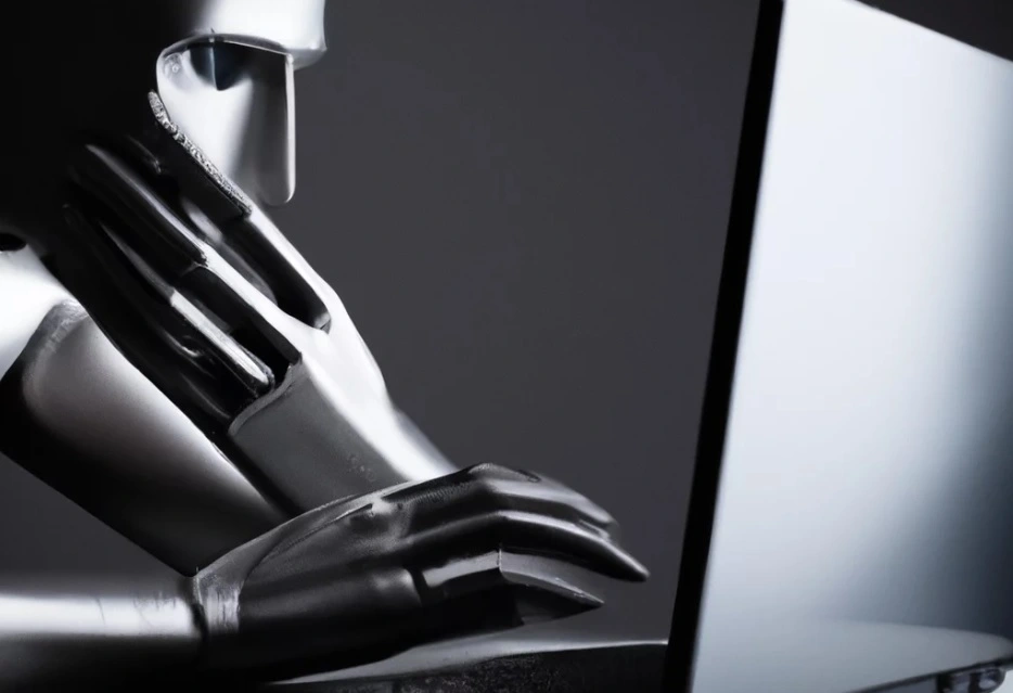 로봇처럼-생긴-AI가-컴퓨터를-보며-생각하는-듯한-포즈를-취한-사진