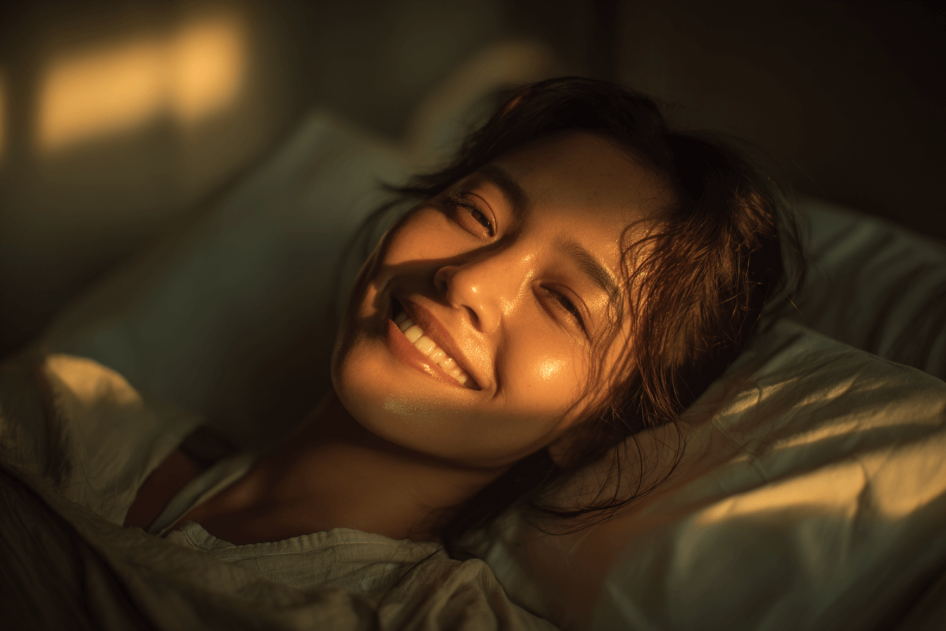 쇠약한-모습으로-누워서-웃고-있는-여성-이미지