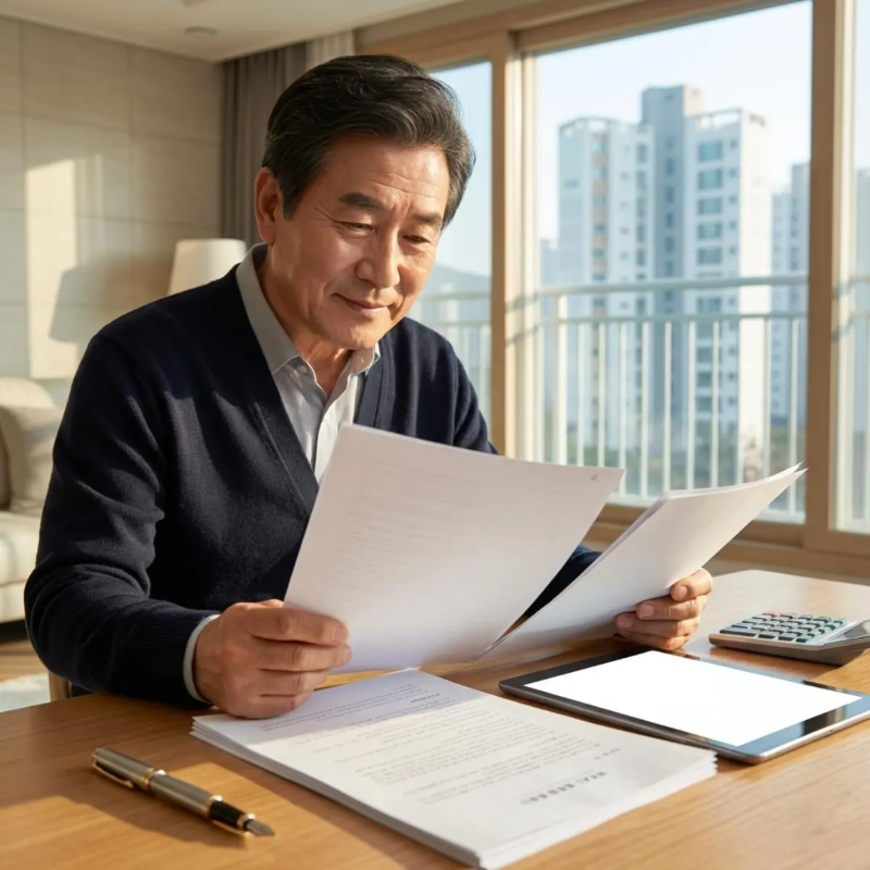 2026년 공시가격 이의신청을 위해 거실에서 부동산 서류를 꼼꼼히 검토하며 안도하는 표정의 한국인 어르신