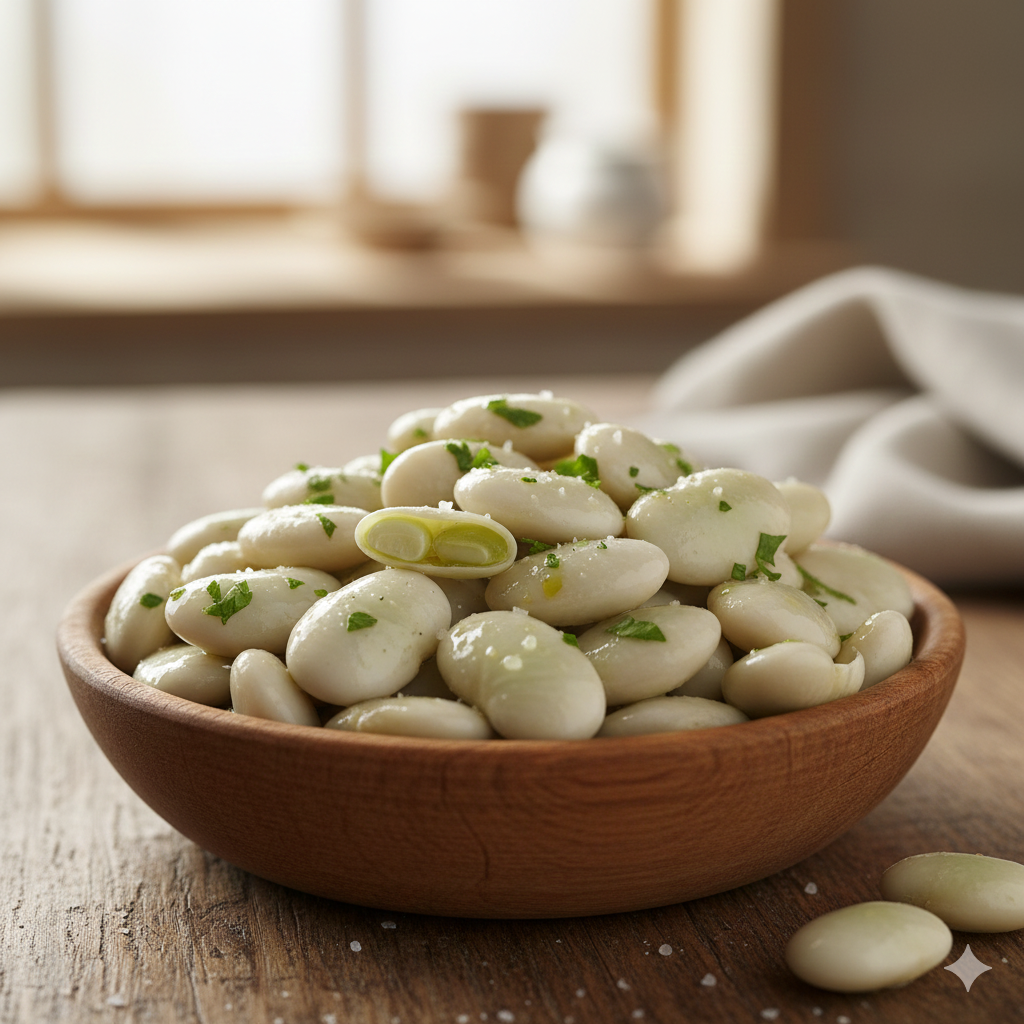 올리브유에 노릇하게 볶아내어 윤기가 흐르는 고소한 리마콩 볶음