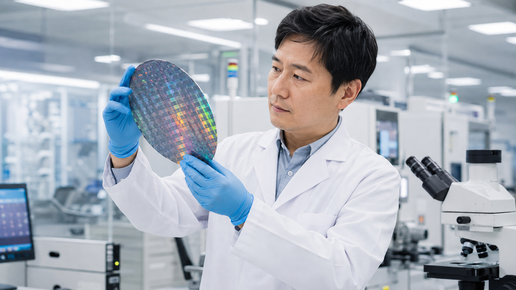현대적인 반도체 연구실에서 한국인 남성 연구원이 반도체 웨이퍼를 신중하게 살펴보는 모습