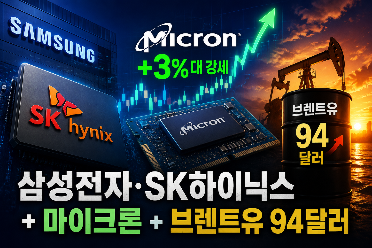 삼성전자 SK하이닉스 주가 급반등과 미국 마이크론 상승 브렌트유 94달러 차트