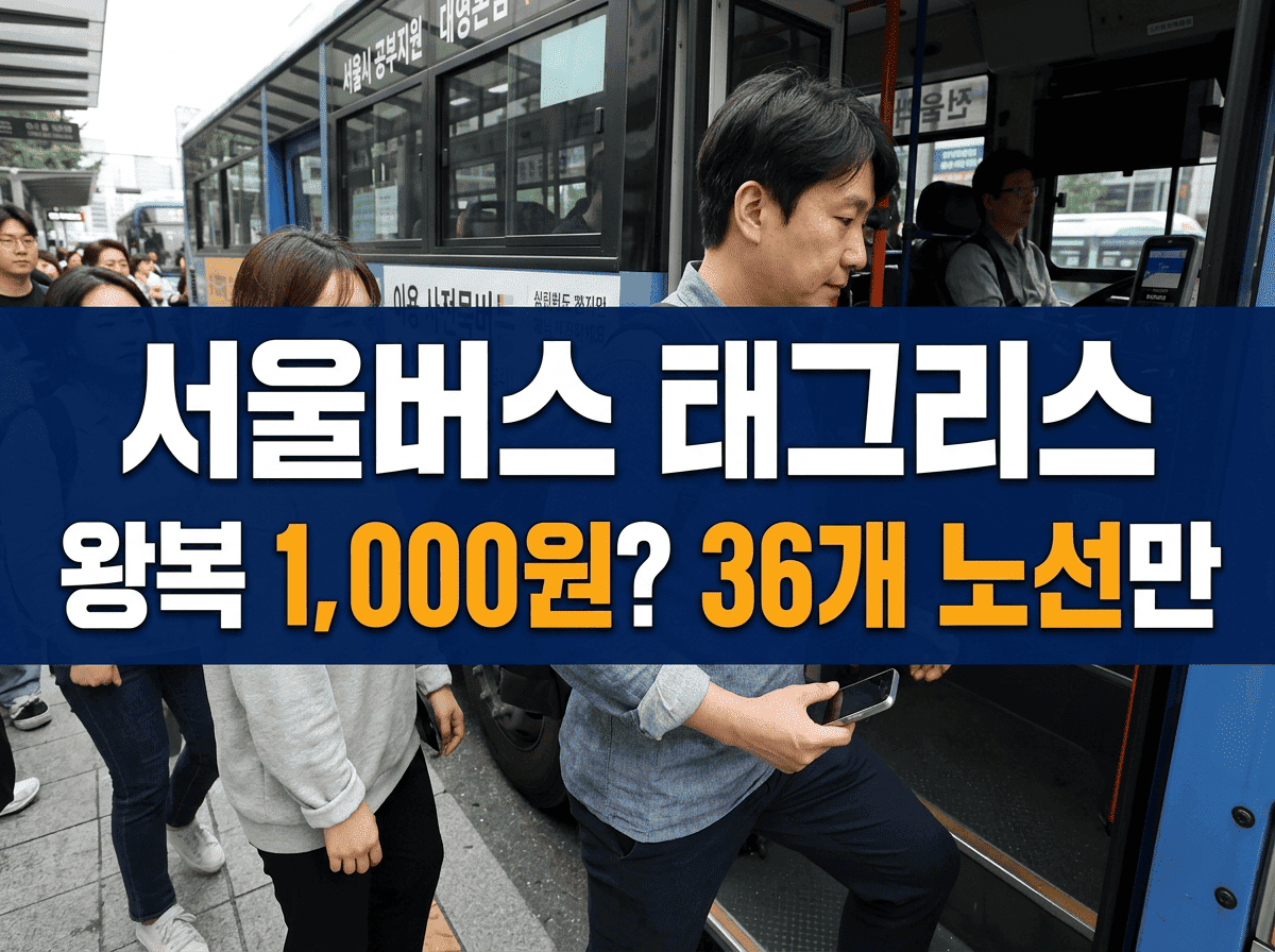 서울 시내버스에 스마트폰을 직접 단말기에 대지 않고 탑승하는 이용자와 왕복 적립 안내 문구