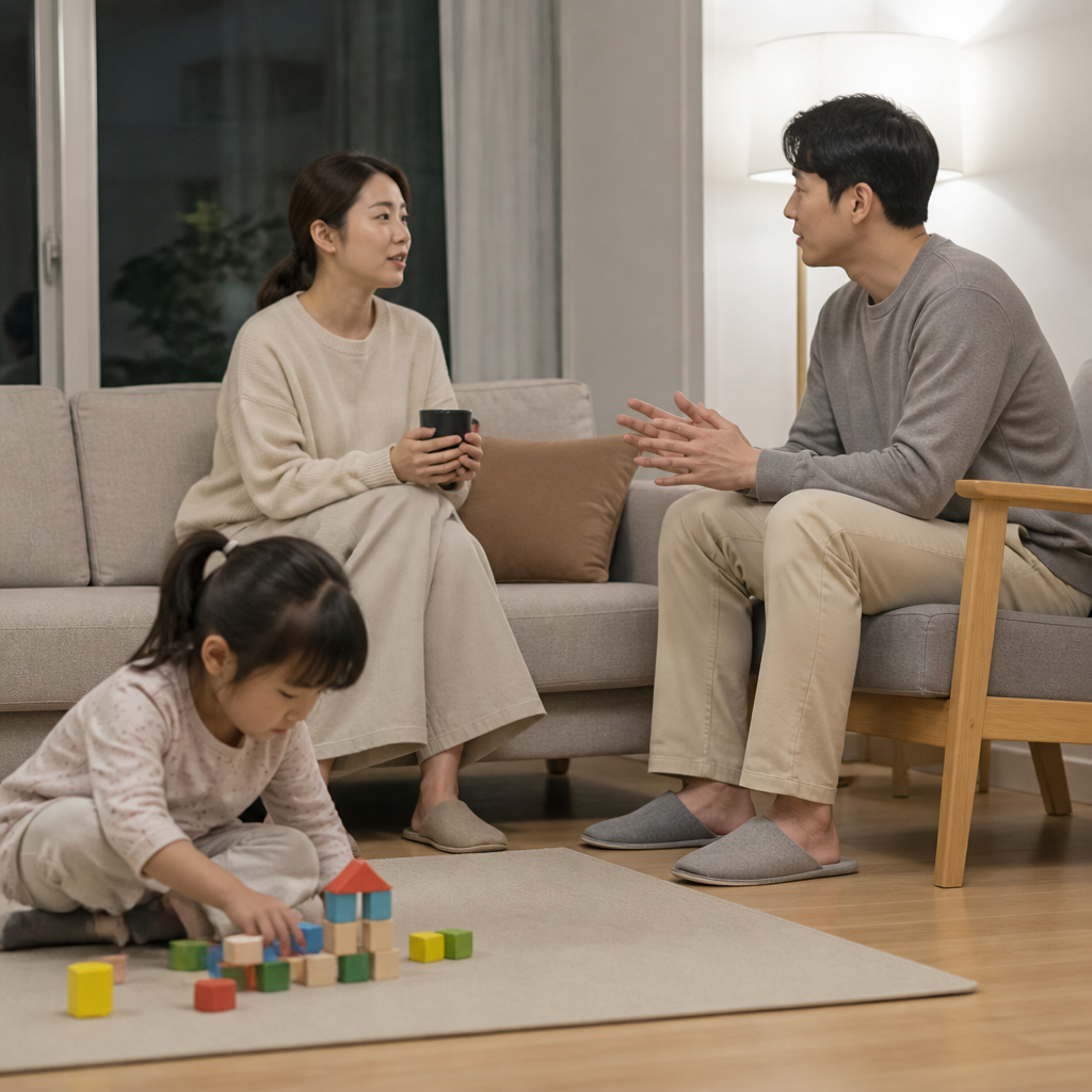 아이가 노는 동안 대화하는 부모