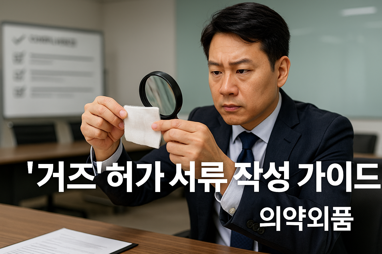 식약처 허가용 의약외품 거즈를 확대경으로 확인하며 서류를 검토하는 한국 전문 행정사의 모습으로, 거즈 형상시험&middot;멸균자료&middot;회분시험 등 품목허가 서류 작성법을 다루는 블로그 포스팅용 썸네일.