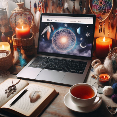책상 위에서 차와 함께 꿈 해석 웹사이트를 보여주는 노트북