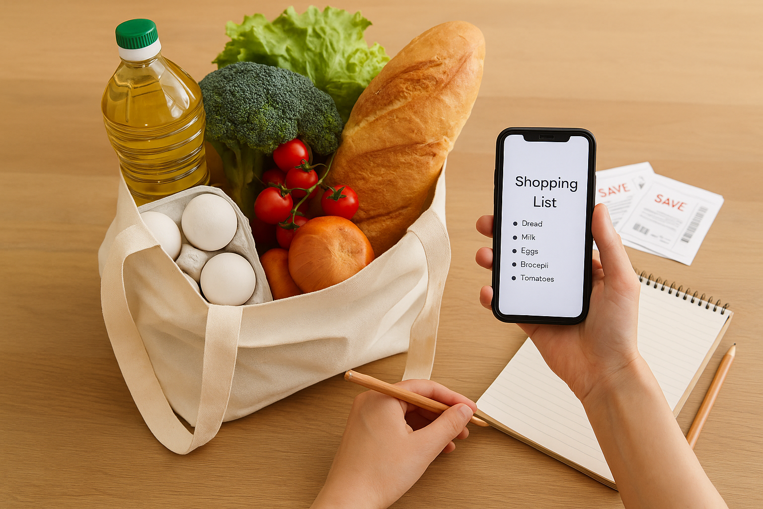 나무 테이블 위에 펼쳐진 베이지색 에코백에서 채소와 생필품이 보이며, 그 옆에는 휴대폰과 쇼핑리스트가 함께 놓여 있는 장면, 계획적인 장보기와 실속 있는 소비 습관을 시각적으로 표현한 모습