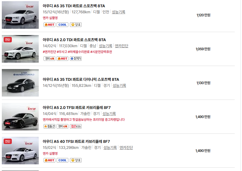 아우디 A5 중고차 가격 시세표 유지비