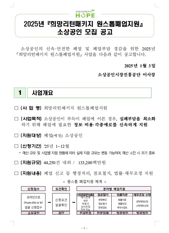 2025년 희망리턴패키지 원스톱폐업지원 신청방법 자격요건 관련 사진 2