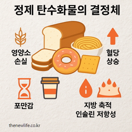 An infographic showing refined carbohydrates like bread, donuts, crackers, and instant noodles, with icons representing nutrient loss, blood sugar spike, low satiety, fat storage, and insulin resistance./식빵, 도넛, 크래커, 라면 등 정제 탄수화물의 부작용을 시각적으로 설명한 인포그래픽 – 영양소 손실, 혈당 상승, 포만감 부족, 지방 축적, 인슐린 저항성 등