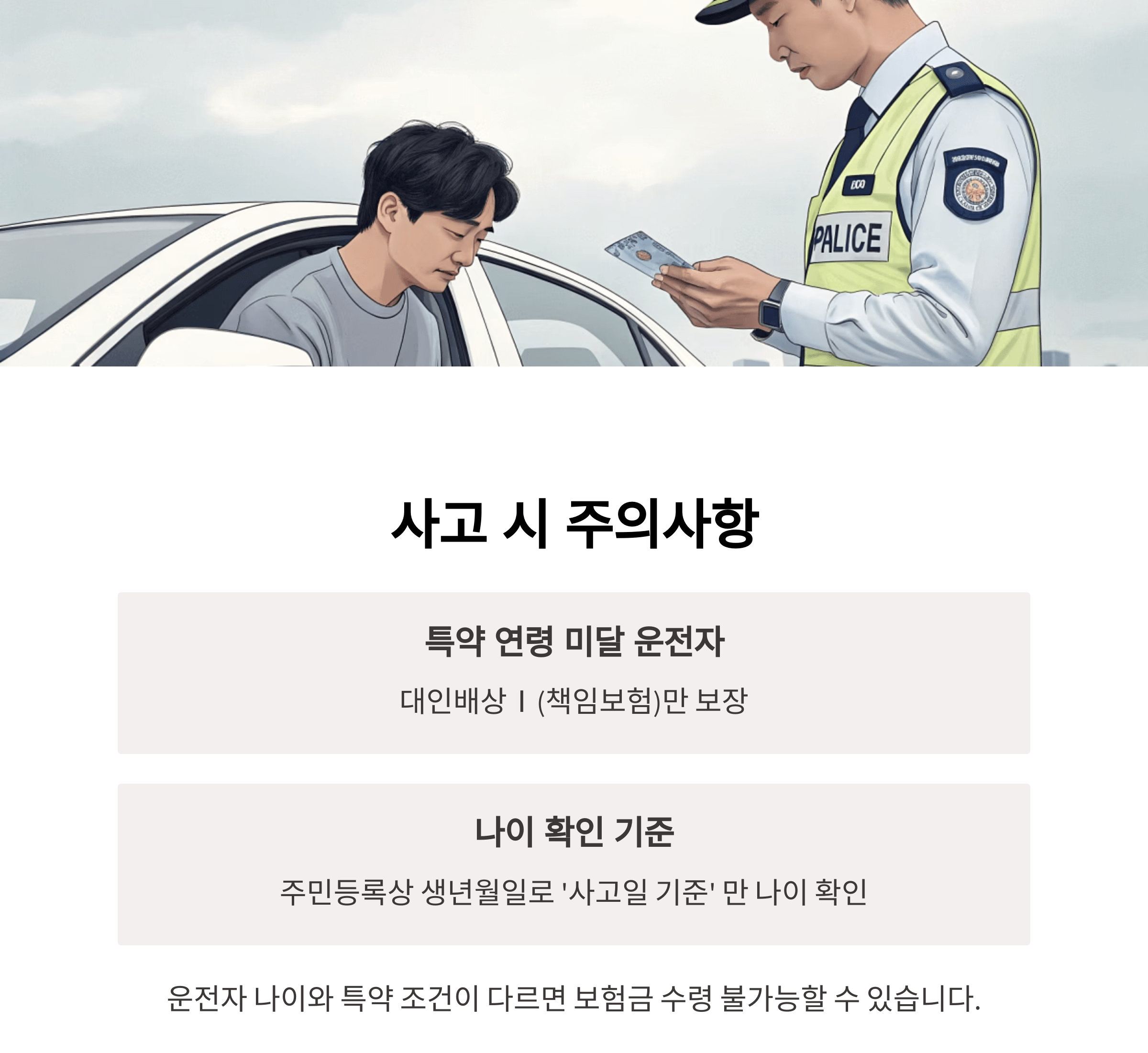 사고 시 주의 사항을 안내합니다.