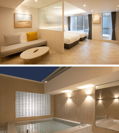 덕구온천 리조트 호텔 스위트 코너 스파 침실 거실 온천탕