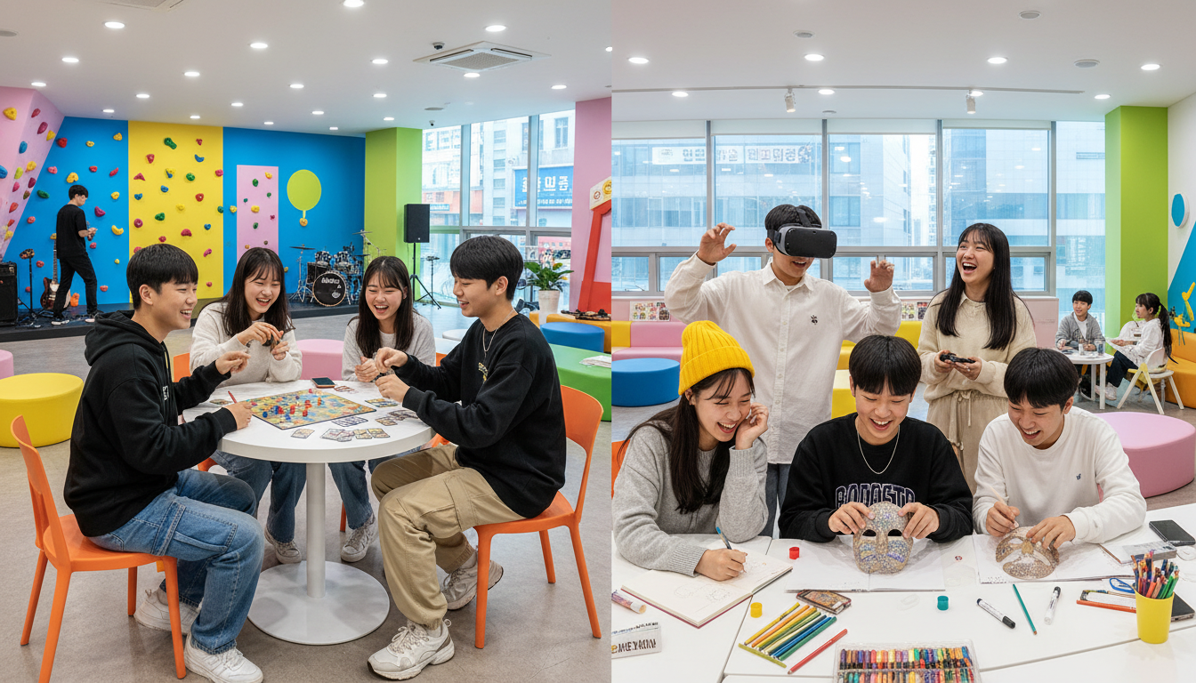 구미시 놀잼센터에서 보드게임과 VR 체험 등 다양한 여가 활동을 즐기는 한국 청소년들.