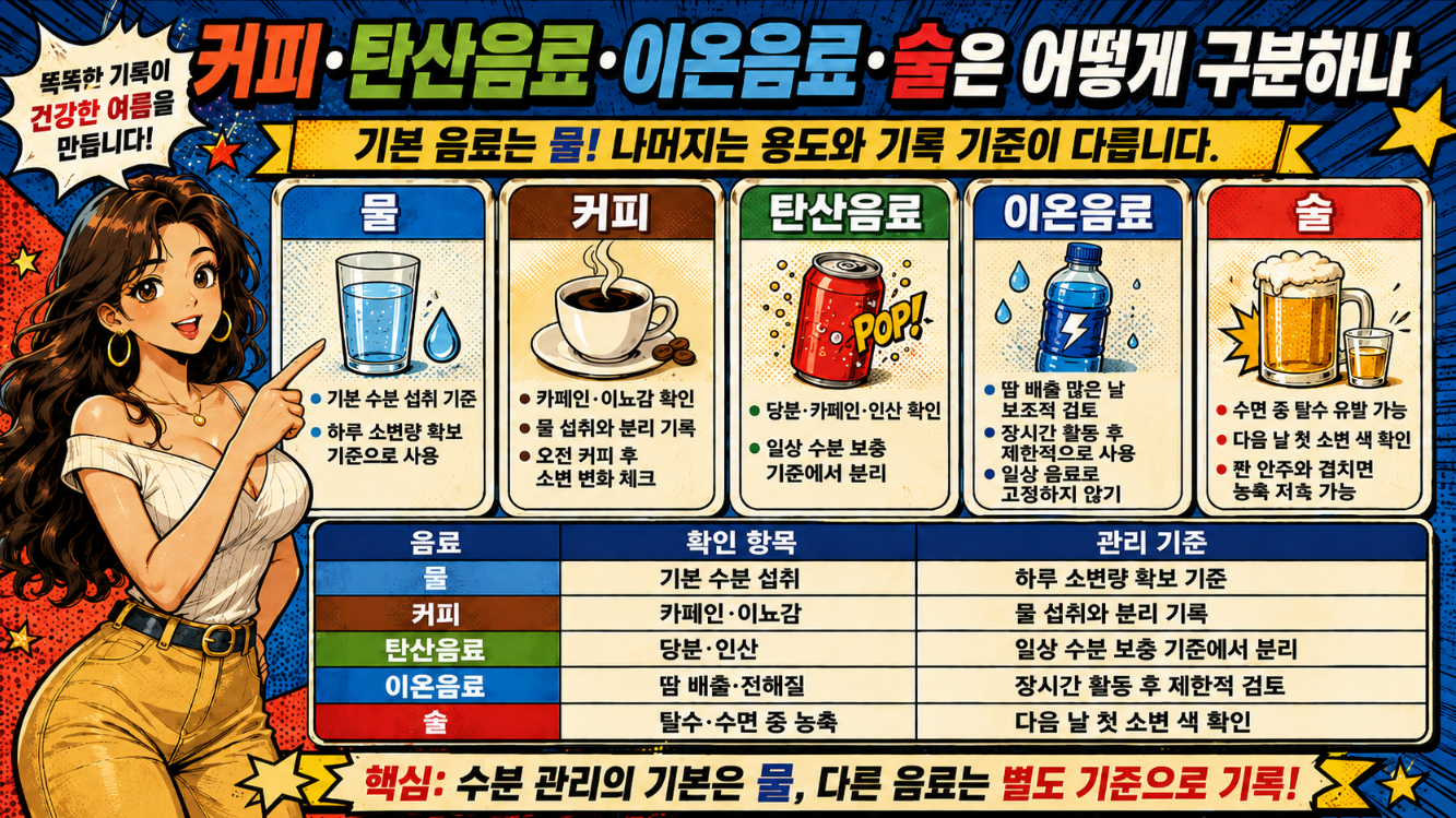 커피, 탄산음료, 이온음료, 술을 물과 구분해 수분 섭취 기록 기준을 정리한 만화형 건강 인포그래픽