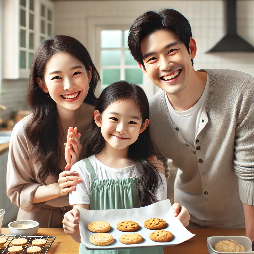 밝고 현대적인 주방에서 딸이 직접 구운 쿠키를 자랑하며 부모가 박수치며 그녀의 성취를 축하하는 모습
