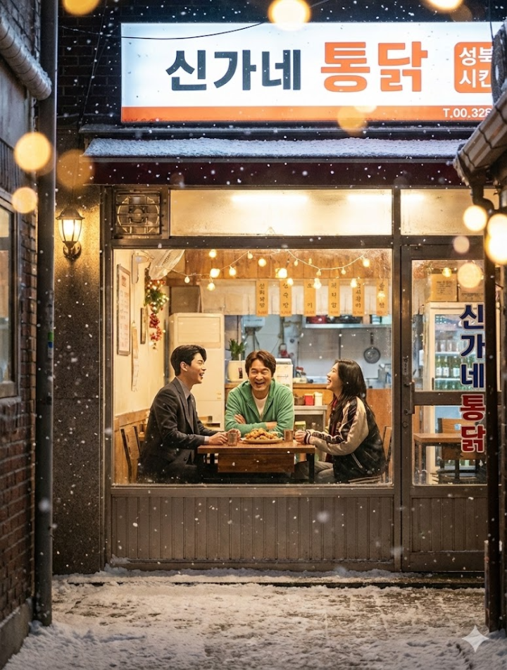 눈 내리는 성북동 골목길, 신가네 통닭집에서 웃고 있는 세 주인공의 풀 샷