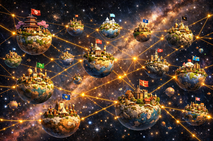 황금 실로 연결된 수천 개의 개별 커뮤니티 행성들.