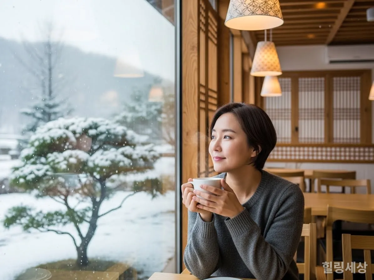 눈 오는 창밖을 바라보며 차를 마시는 한국인