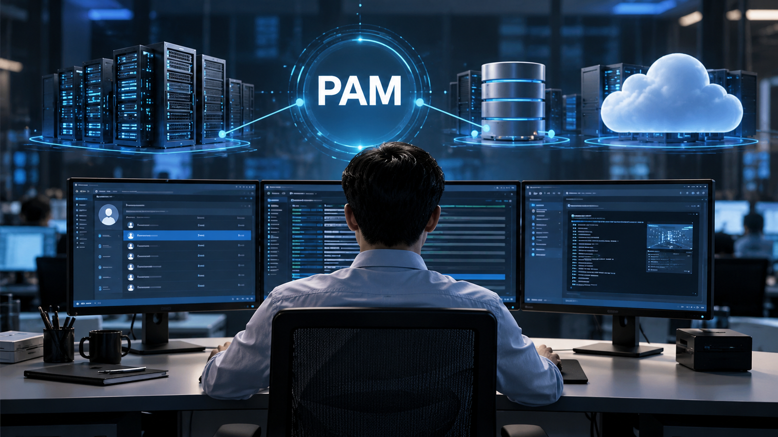 운영자가 PAM을 통해 서버와 데이터베이스, 클라우드의 관리자 접근을 중앙에서 통제