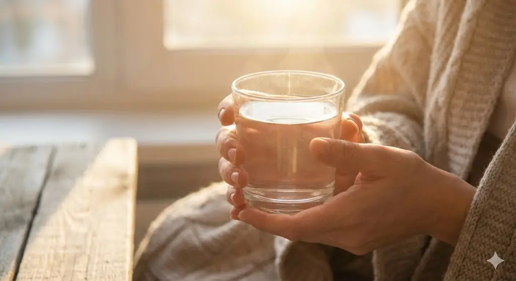 깨끗한 유리잔에 담긴 미지근한 물을 마시는 편안한 모습