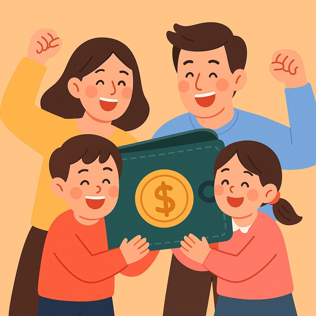 영광군 지원금&amp;#44; 가족이 함께 카드를 들고 있는 일러스트