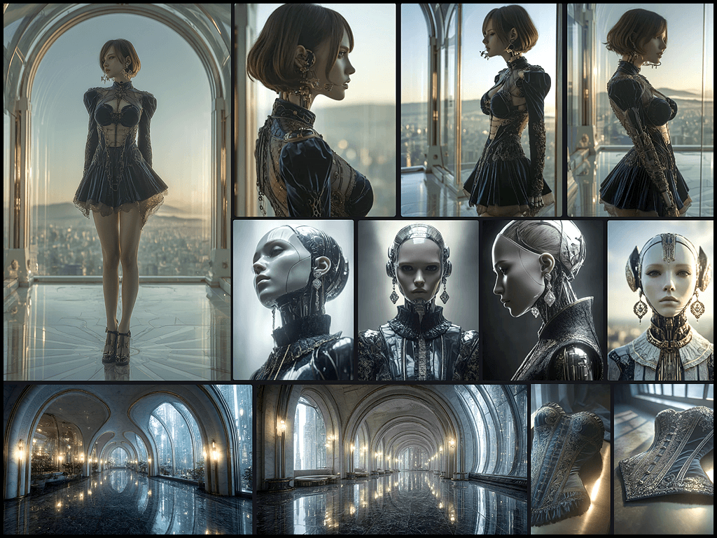 스타일 믹스, 클래식 (Classic) + 모던 어반 SF (Modern Urban Sci-Fi) 세계관의 여성형 안드로이드 표현 무드보드 구성 이미지 예시