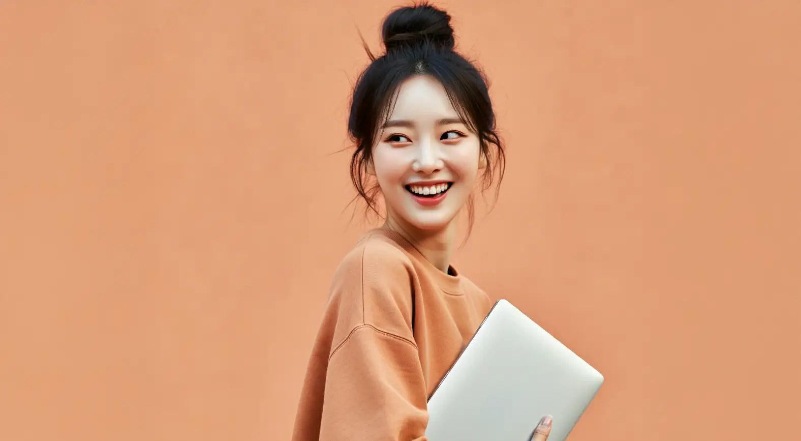 노트북을 들고 가는 여성