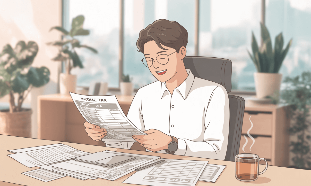 폐업후-종합소득세-신고-책상에서-신고서류를-보면서-웃고있는-남자-모습