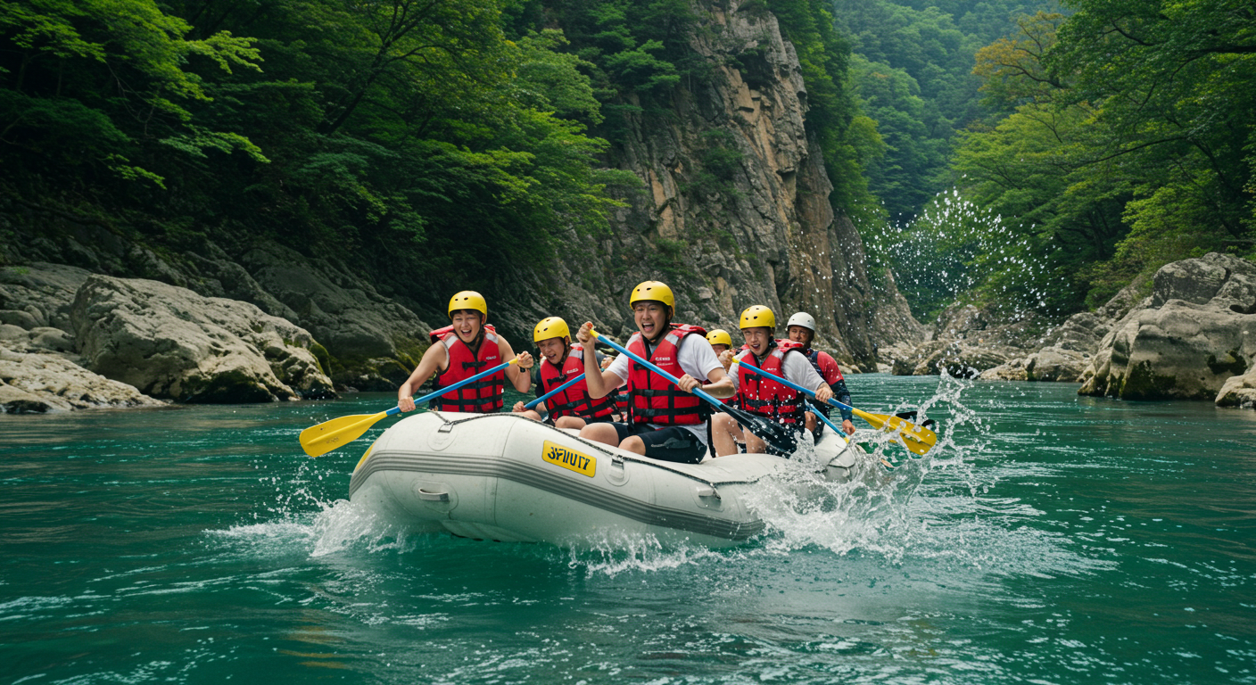 강원도 영월 동강에서 한국인들이 래프팅을 즐기는 역동적인 모습