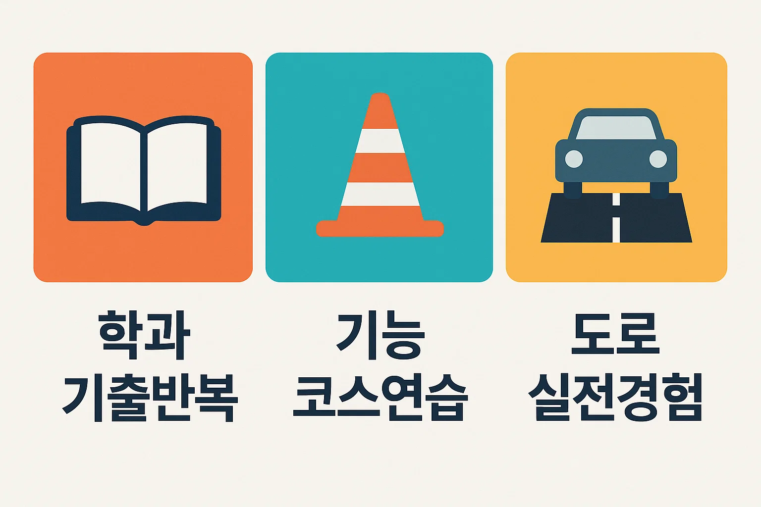 운전면허 시험 합격을 위한 학과 기출 반복, 기능 코스 연습, 도로 실전경험 학습 전략을 정리한 인포그래픽 이미지로 효율적인 합격 준비법을 제시