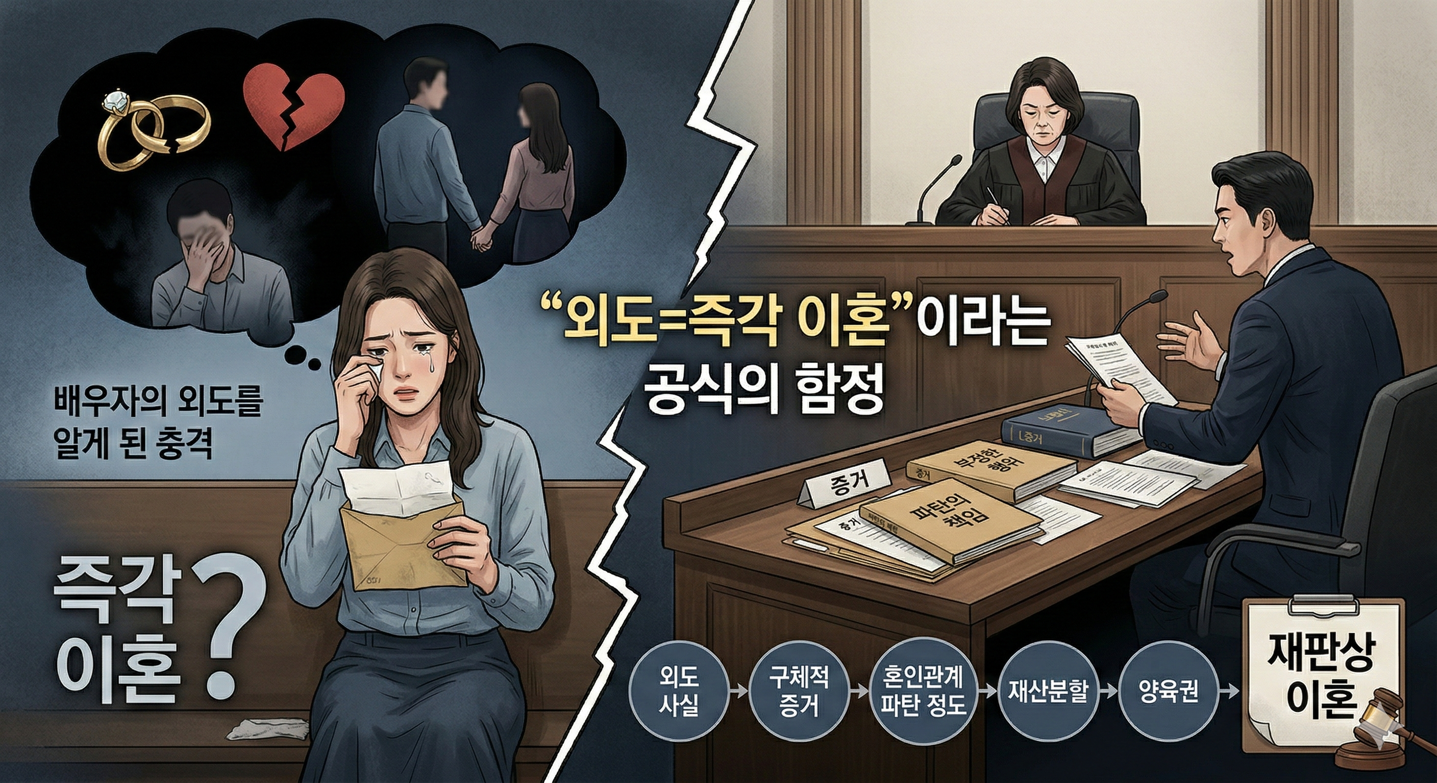 외도하면 이혼이 성립할까? 배우자의 외도를 알게된 충격에 아내가 이혼을 고민하는 장면