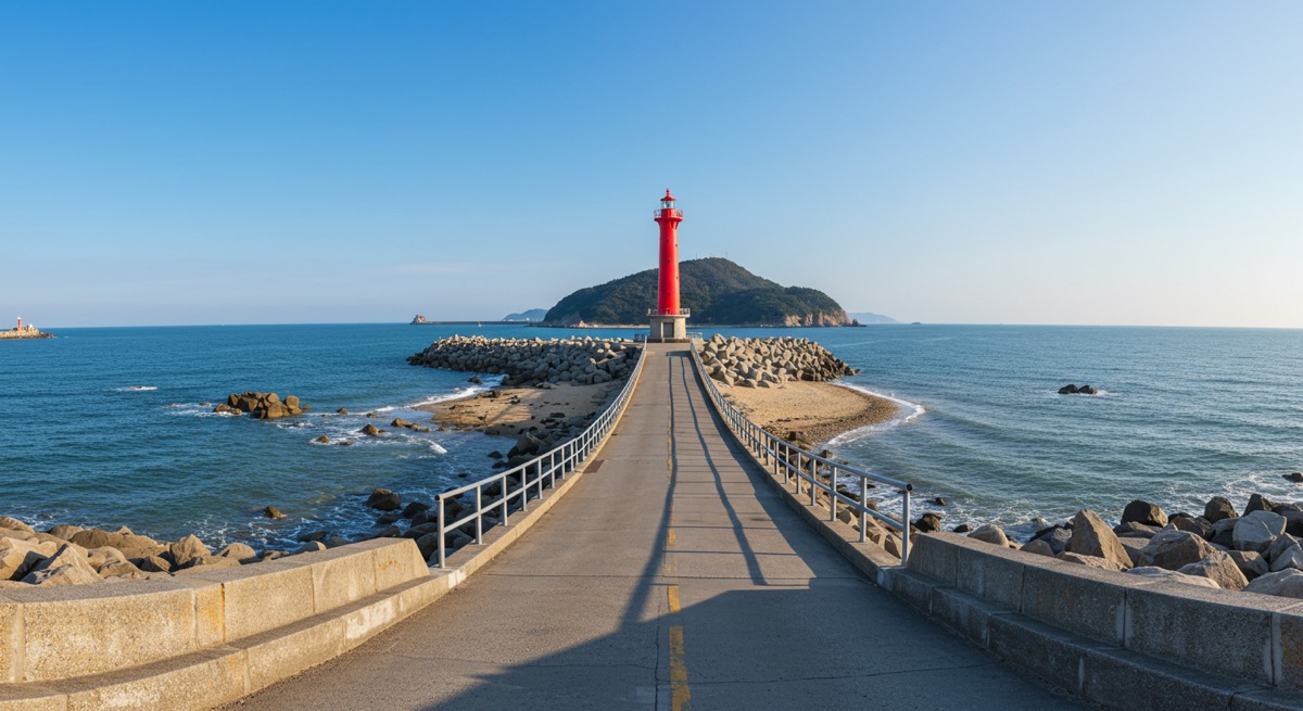 하루 두 번 바닷길이 열리는 제부도 전경과 빨간 등대 모습