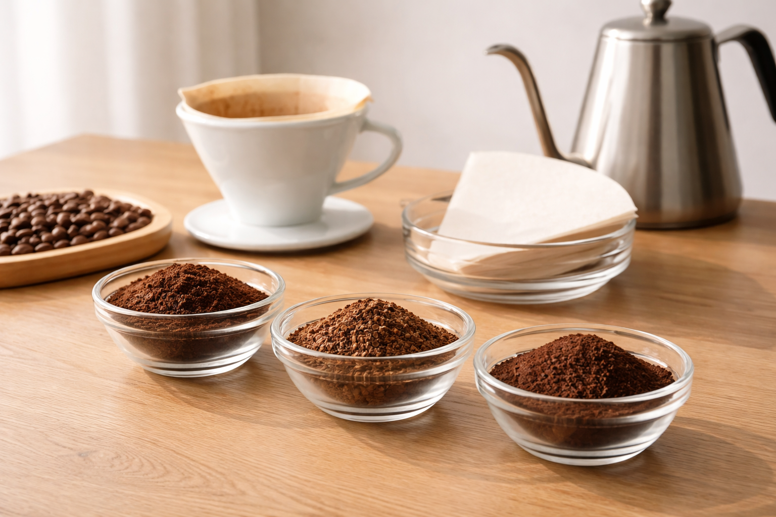 원두 분쇄도 차이를 보여주는 커피 추출 준비 이미지