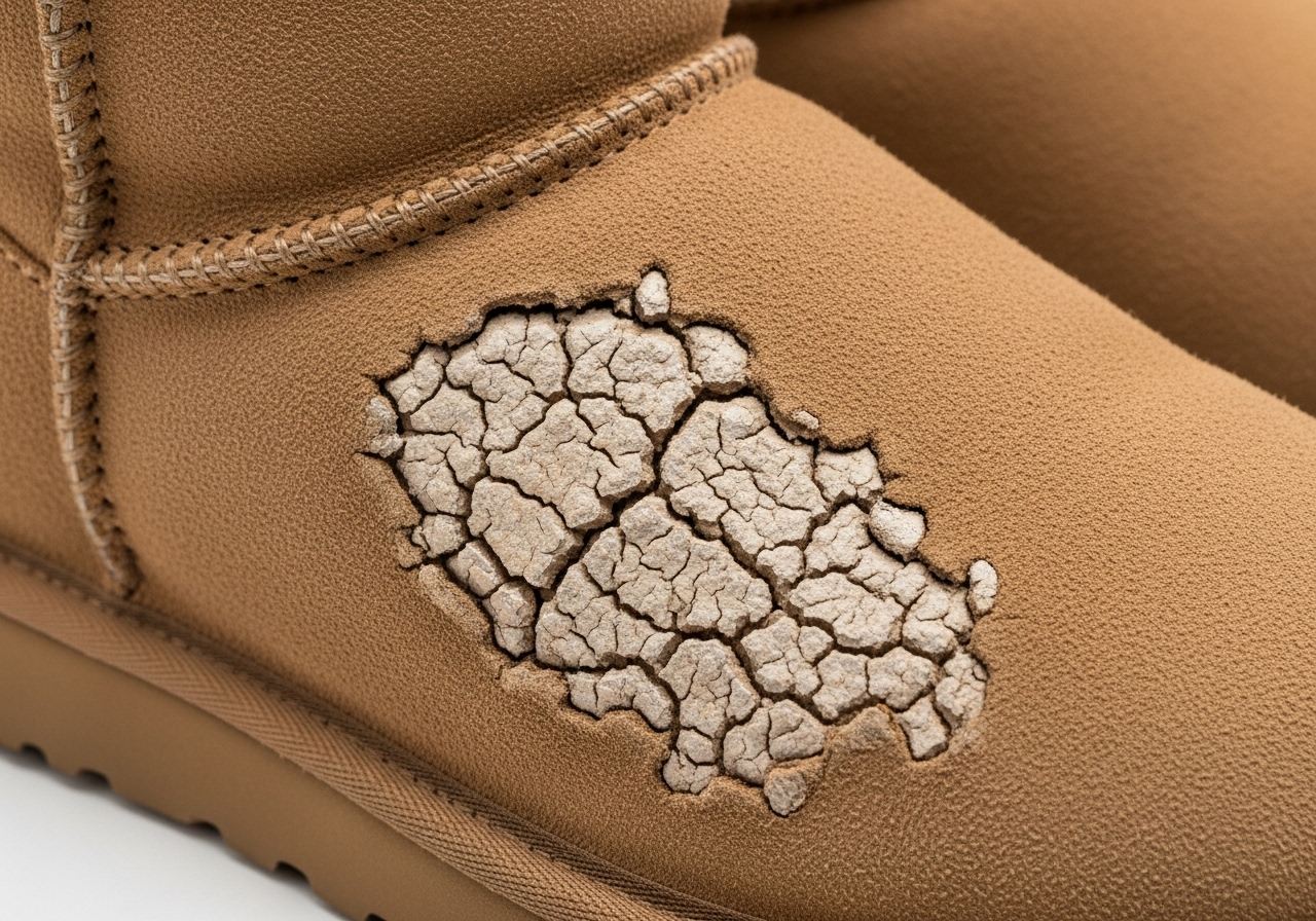 열에 의해 손상되어 딱딱해지고 갈라진 어그부츠 가죽 표면 확대 사진