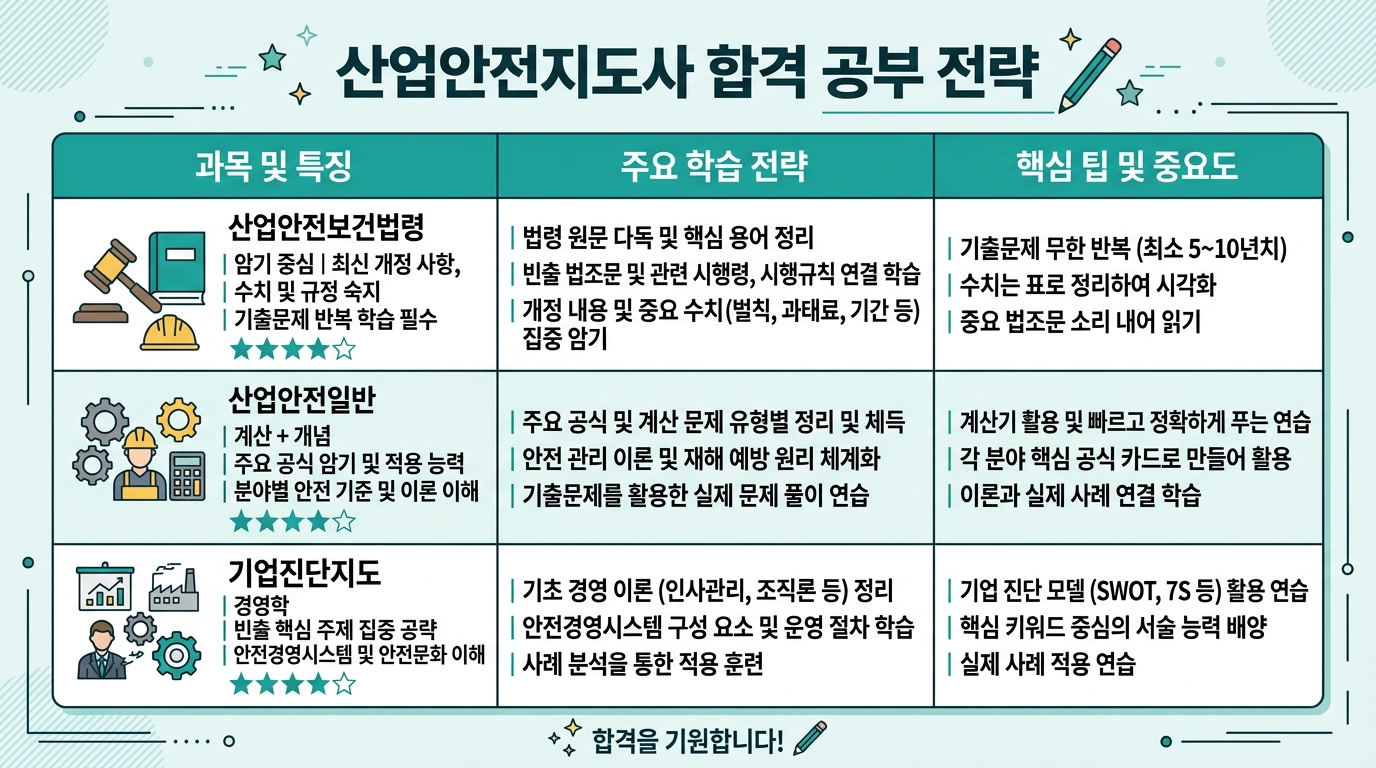 산업안전지도사 1차 3과목별 공부 전략 비교 — 법령·안전일반·기업진단 학습 방향
