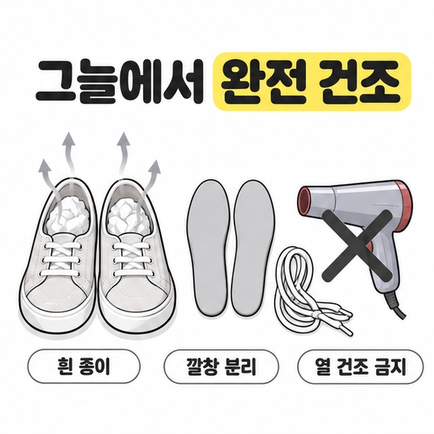 흰 종이를 넣은 운동화와 공기 흐름 화살표, 분리한 깔창과 끈, 열 건조 금지를 나타내는 드라이어의 X 표시