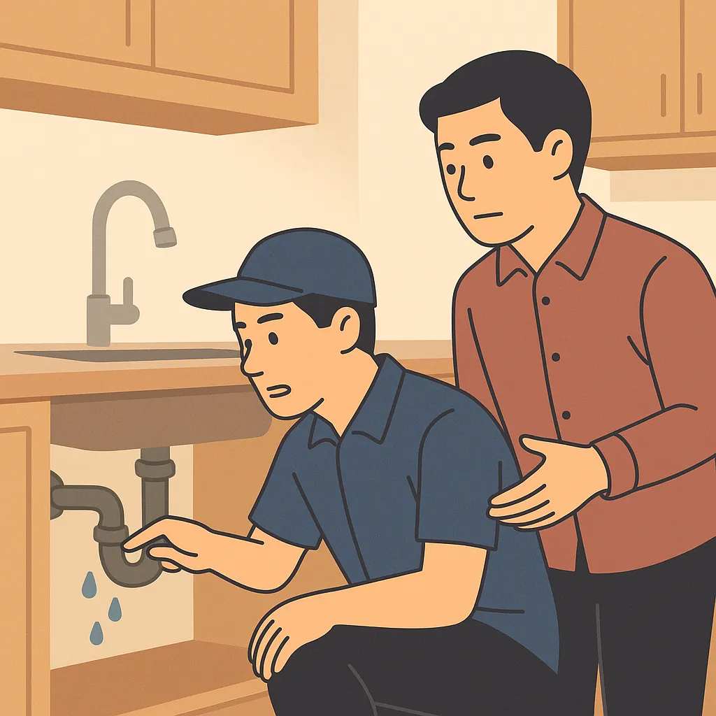 수리기사가 싱크대 누수를 점검하는 모습