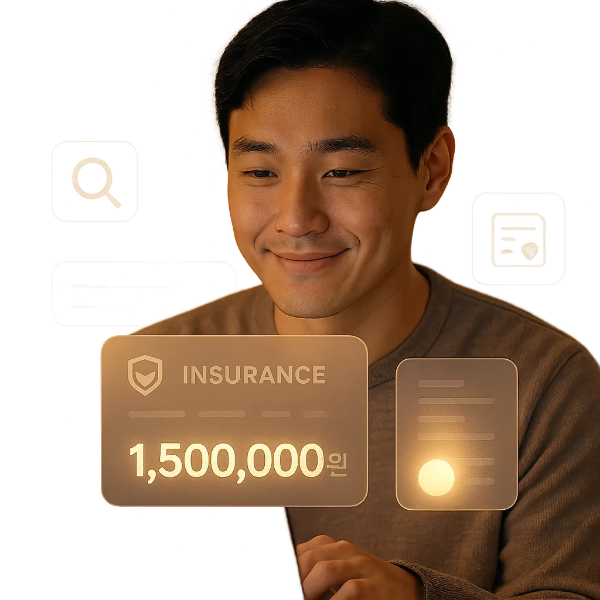보험 조회 화면을 보며 미소 짓는 남성의 모습, 디지털 금액 정보가 떠 있는 따뜻한 분위기의 장면
