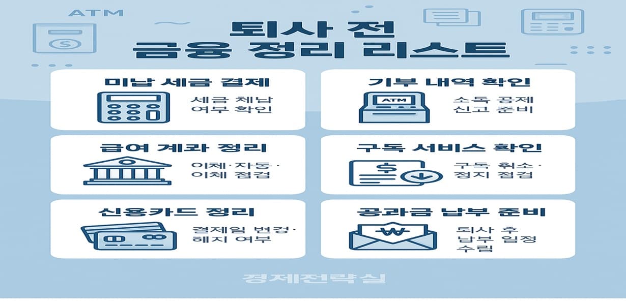 퇴사 전 점검해야 할 금융 정리 리스트를 정리한 인포그래픽 이미지